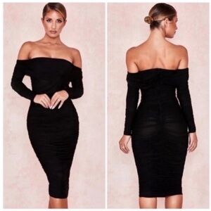 House Of CB Anais Off The Shoulder Long Sleeve Ruched Midi Dress Black